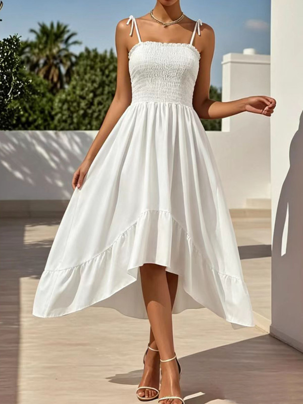 Women Summer Suspender Solid Sleeveless Pleated Irregular Maxi Dress
