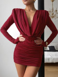 Women Slender Neck Solid Simple V-Neck Bodycon Dress