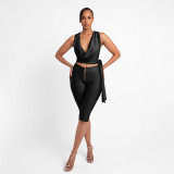 Women Summer Drop Neck Sleeveless Lace-up Top Zipper Shorts Two-piece Set
