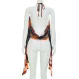 Women Print Halter Neck Lace-Up Top