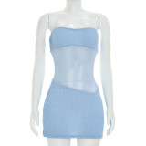 Women Mesh Strapless See-Through Mini Dress Bodycon Dress