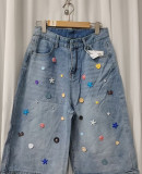 Women Spring/Summer Multi-Color Button Wide-Leg Denim Pant