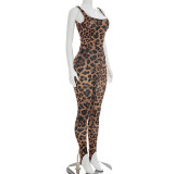 Women Spring/Summer Leopard Print U-neck Top and Stirrup Pant Two-piece Set