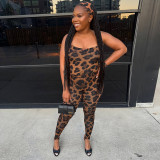 Women Spring/Summer Leopard Print U-neck Top and Stirrup Pant Two-piece Set
