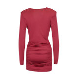 Women Slender Neck Solid Simple V-Neck Bodycon Dress