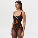 Women Spring/Summer Leopard Print U-neck Top and Stirrup Pant Two-piece Set