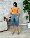 Women Faux Two-Piece Ripped Knee-Length Denim Shorts