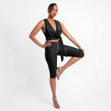 Women Summer Drop Neck Sleeveless Lace-up Top Zipper Shorts Two-piece Set