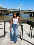 Women Layered Washed Denim Pant