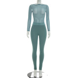 Women Mesh Long-Sleeve Top and Pant Two-Piece Set