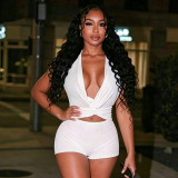 Women V-Neck Halter Neck Tie-Waist Crop Top and Sequined Shorts Two-Piece Set