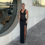 Women Summer V Neck Lace Hollow-Out Patchwork Slit Dress