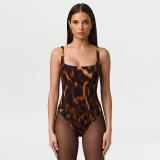 Women Spring/Summer Leopard Print U-neck Top and Stirrup Pant Two-piece Set