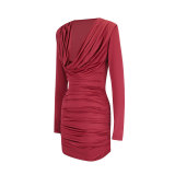 Women Slender Neck Solid Simple V-Neck Bodycon Dress