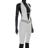 Women Halter Neck Backless Lace-up V-neck Patchwork Lace 3/4 Length Jumpsuit