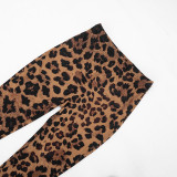 Women Spring/Summer Leopard Print U-neck Top and Stirrup Pant Two-piece Set
