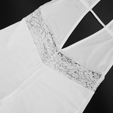 Women Halter Neck Backless Lace-up V-neck Patchwork Lace 3/4 Length Jumpsuit