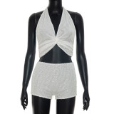 Women V-Neck Halter Neck Tie-Waist Crop Top and Sequined Shorts Two-Piece Set