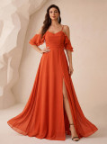 Women Thin Strap Backless Pleated Slit Chiffon Maxi Dress