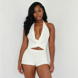 Women V-Neck Halter Neck Tie-Waist Crop Top and Sequined Shorts Two-Piece Set