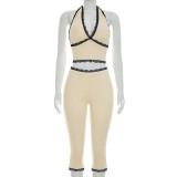 Women Halter Neck Lace-Up Backless Tie-Waist Solid Top and Three-Quarter Pant Two-Piece Set