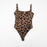 Women Spring/Summer Leopard Print U-neck Top and Stirrup Pant Two-piece Set