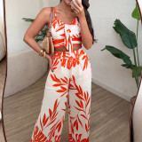Women Spring/Summer Print Camisole Top and Wide-Leg Pants Two-Piece Set
