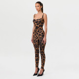 Women Spring/Summer Leopard Print U-neck Top and Stirrup Pant Two-piece Set