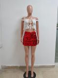 Women's Sexy Sequin Slim Fit Mini Skirt Lace-up White Top Set