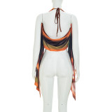 Women Print Halter Neck Lace-Up Top