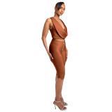 Women Summer Drop Neck Sleeveless Lace-up Top Zipper Shorts Two-piece Set