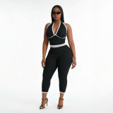 Women Halter Neck Lace-Up Backless Tie-Waist Solid Top and Three-Quarter Pant Two-Piece Set