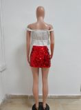 Women's Sexy Sequin Slim Fit Mini Skirt Lace-up White Top Set