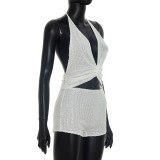 Women V-Neck Halter Neck Tie-Waist Crop Top and Sequined Shorts Two-Piece Set
