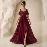 Women Sequin Patchwork Slit Chiffon Maxi Dress