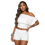 Women Solid Off-Shoulder Short-Sleeve Top and Shorts Two-Piece Set