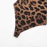 Women Spring/Summer Leopard Print U-neck Top and Stirrup Pant Two-piece Set