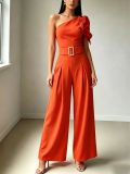 Women Spring/Summer One-Shoulder Sleeve Solid Jumpsuit