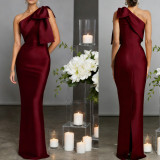 Elegant Dark Blue Satin One Shoulder Split Formal Party Evening Dress