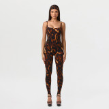 Women Spring/Summer Leopard Print U-neck Top and Stirrup Pant Two-piece Set