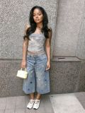 Women Spring/Summer Multi-Color Button Wide-Leg Denim Pant
