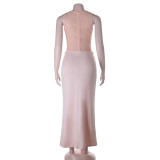 Women Summer V Neck Lace Hollow-Out Patchwork Slit Dress