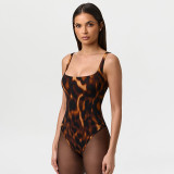 Women Spring/Summer Leopard Print U-neck Top and Stirrup Pant Two-piece Set