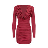 Women Slender Neck Solid Simple V-Neck Bodycon Dress