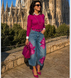 Women Floral Denim Cropped Pant
