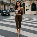 Women Halter Neck Lace-Up Backless Tie-Waist Solid Top and Three-Quarter Pant Two-Piece Set