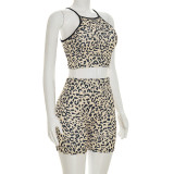 Women Leopard Print Camisole Crop Top and Shorts Two-piece Set