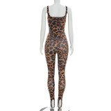 Women Spring/Summer Leopard Print U-neck Top and Stirrup Pant Two-piece Set