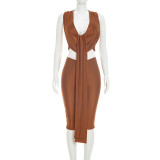 Women Summer Drop Neck Sleeveless Lace-up Top Zipper Shorts Two-piece Set