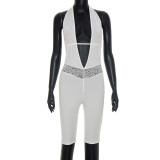 Women Halter Neck Backless Lace-up V-neck Patchwork Lace 3/4 Length Jumpsuit